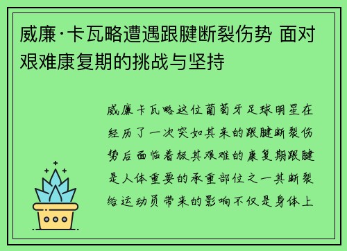 威廉·卡瓦略遭遇跟腱断裂伤势 面对艰难康复期的挑战与坚持 威廉·卡瓦略遭遇跟腱断裂伤势 面对艰难康复期的挑战与坚持