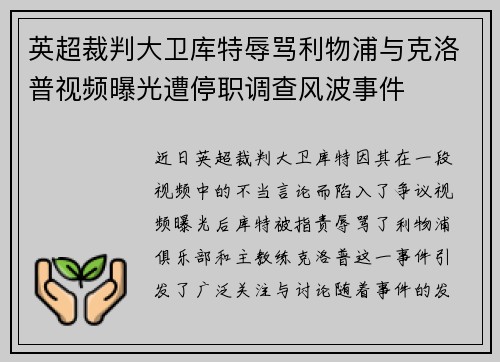 英超裁判大卫库特辱骂利物浦与克洛普视频曝光遭停职调查风波事件 英超裁判大卫库特辱骂利物浦与克洛普视频曝光遭停职调查风波事件